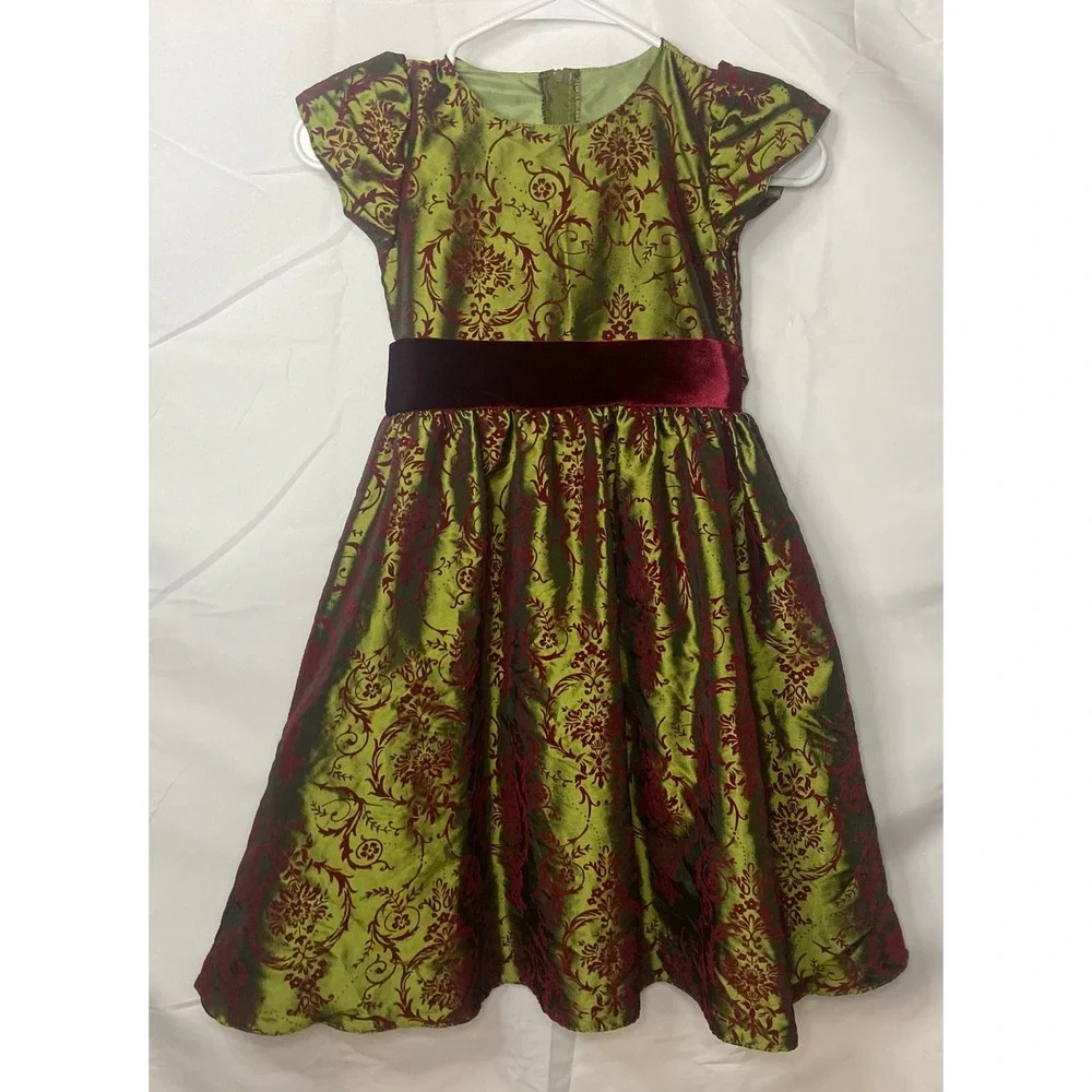 Swea Pea & Lilli Girls Green Burgundy‎ Damask Velvet Holiday Dress C812 Size 7